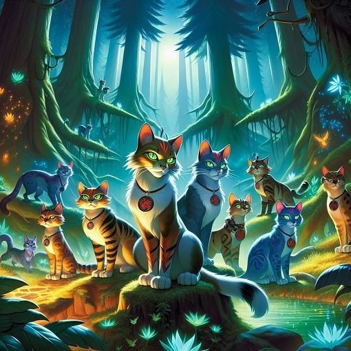 A fantasy illustration of a group of warrior cats gathered in a mystical forest, with an emphasis on their unique personalities and clans. The scene should feel adventurous and emphasize the themes of friendship, loyalty, and bravery.