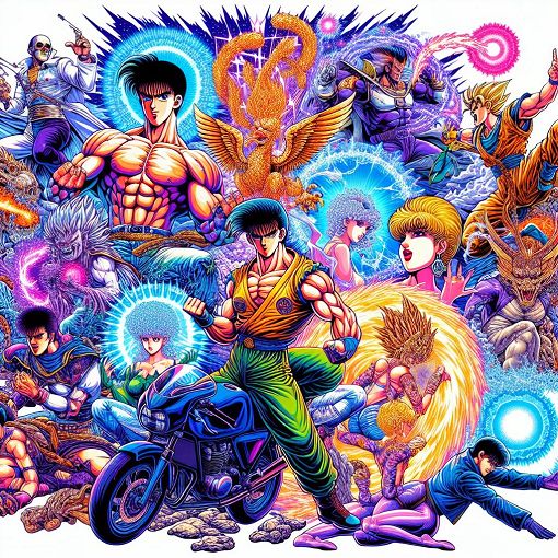 A vibrant and dynamic illustration showcasing iconic characters and stands from JoJo's Bizarre Adventure surrounded by colorful manga-style effects.