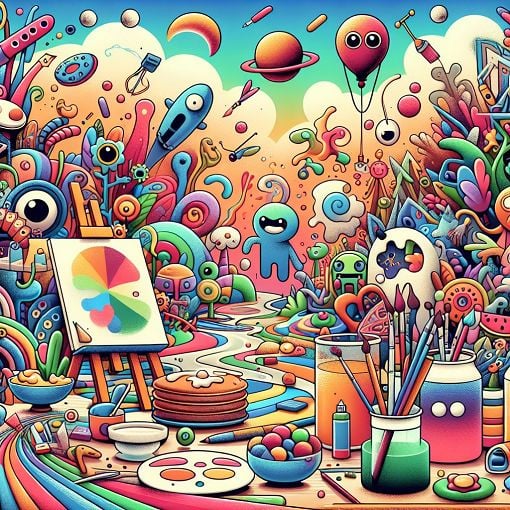 A colorful illustration featuring whimsical cartoon characters inspired by an eclectic creative studio atmosphere, with elements representing art supplies, quirky plants, and fun breakfast foods, all set in a vibrant, imaginative landscape.