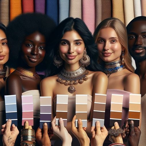 Create an image of diverse people showcasing their unique skin tones and color palettes, surrounded by swatches of colors and jewelry, in a bright and inviting atmosphere.