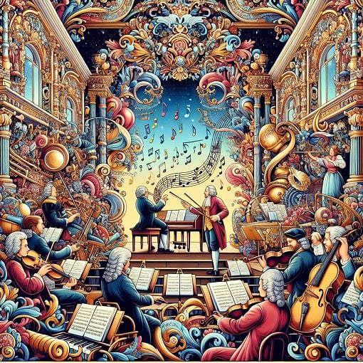 A vibrant, ornate illustration representing the Baroque period in music, featuring famous composers, musical instruments, and rich decorations typical of Baroque art.