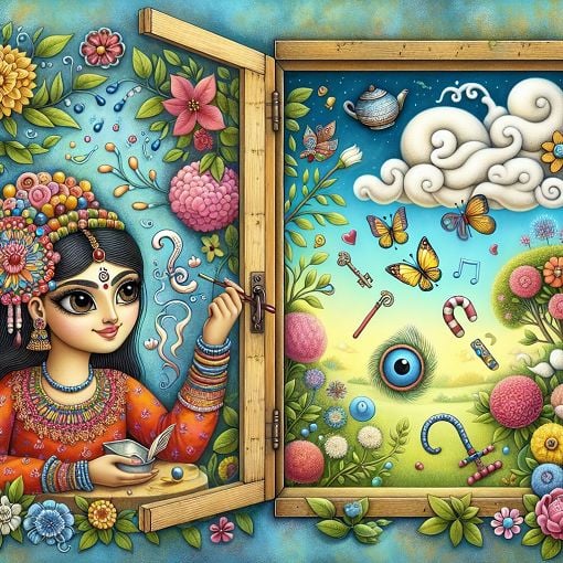 A whimsical illustration of various riddles and objects, including a sister, a window, a cloud, and other related imagery.