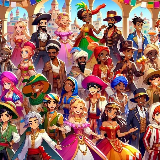 A vibrant and colorful Gacha character scene, showcasing a diverse range of characters with different personalities and outfits, in a playful and cartoonish style.