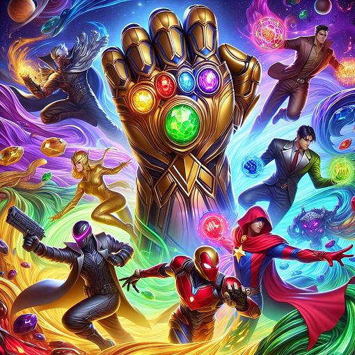 A vibrant and dynamic illustration featuring iconic characters from Avengers: Endgame, with elements like the Infinity Gauntlet and the Quantum Realm in the background, emphasizing epic action and adventure.