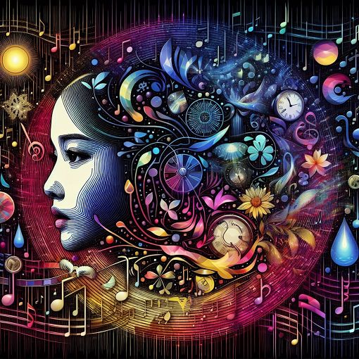 A colorful, artistic representation of IU's music, with a background of musical notes and iconic imagery related to her songs.