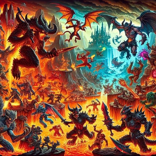 A highly stylized, action-packed illustration of various demons from the DOOM Eternal universe, in a chaotic battle scene, showcasing different weapons and superpowers in a vibrant, fiery landscape.