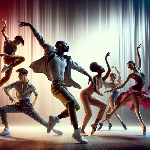 A vibrant scene of contemporary dancers performing in various styles, showcasing expressive movement and diversity in a colorful setting, with soft lighting and a dynamic stage backdrop.