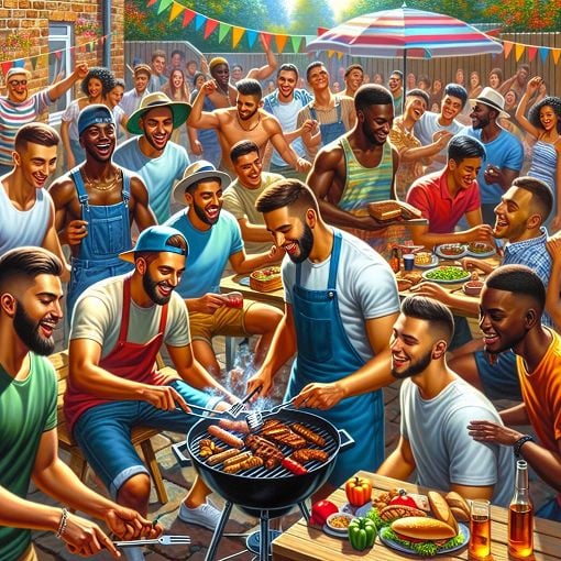 A vibrant scene of a group of young men enjoying a barbecue, playing games, and sharing laughs at a backyard party, showcasing a camaraderie and playful bond, with bright colors and a sunny atmosphere.