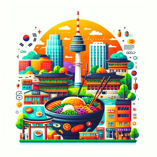 A vibrant and colorful representation of South Korean culture, featuring iconic landmarks in Seoul like Namsan Tower, delicious traditional dishes like Bibimbap, and lively street scenes from neighborhoods like Gangnam and Hongdae.