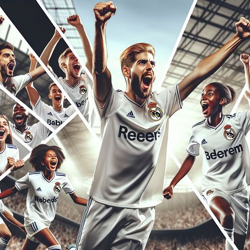 A dynamic collage featuring Real Madrid players celebrating a goal in a stadium, with the iconic white kit and the club's crest prominently displayed, conveying passion and excitement.