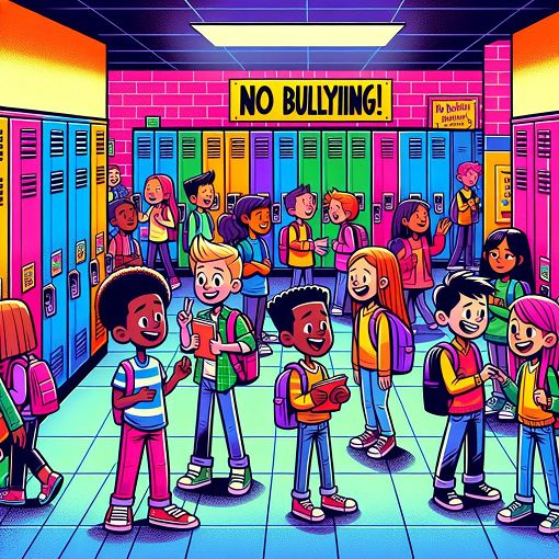 A vibrant, colorful cartoon illustration of a middle school hallway filled with lockers, students socializing, and a poster saying 'No Bullying!' in the background.