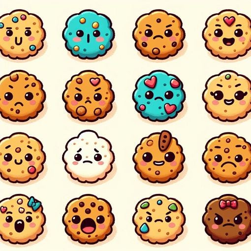 a whimsical illustration of various cookies with different personalities, bright colors, cartoonish style