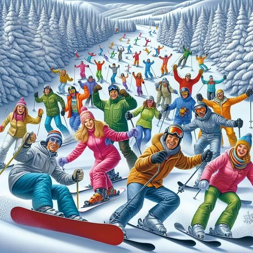 A vibrant winter landscape showcasing both skiers and snowboarders enjoying their sports on fresh powder at a mountain resort, with happy faces and trees adorned with snow.