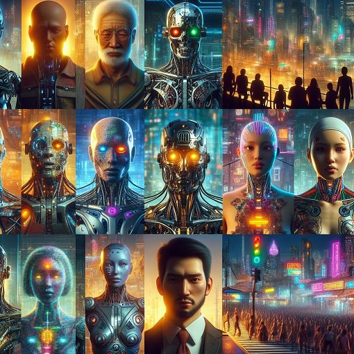 A futuristic cityscape with cybernetic enhancements, depicting diverse characters inspired by a dystopian universe, vibrant colors and neon lights, showcasing a blend of technology and human emotion