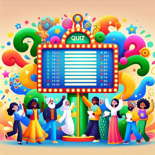 A whimsical illustration of a quiz board with colorful questions and answers, set in a lively, cartoonish environment, featuring a diverse group of people engaging with the quiz.