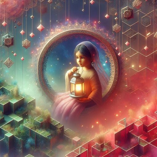 An illustration of a small, glowing child holding a lantern, surrounded by a mysterious, dreamlike world with floating geometric shapes and soft colors, inspired by a fantasy game.