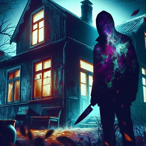 A dark, eerie abandoned house with shadows lurking and a purple figure holding a knife, creating a tense atmosphere.