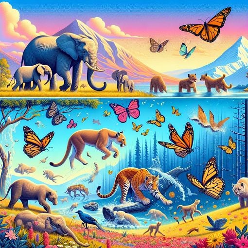 A colorful and whimsical illustration of various animals interactively representing different past life scenarios in a surreal landscape.