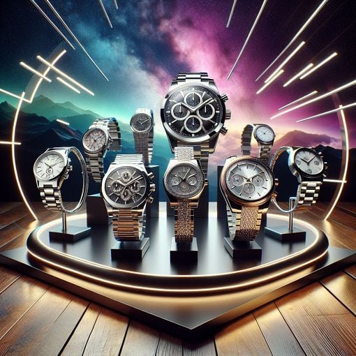 Create an image of a stylish watch display featuring various Rolex models in a luxurious setting, with a vibrant background that evokes a sense of adventure and elegance.