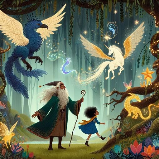 Create a whimsical fantasy art piece depicting characters from a magical story, featuring a mix of adventure, learning, and unique creatures in an enchanting landscape.