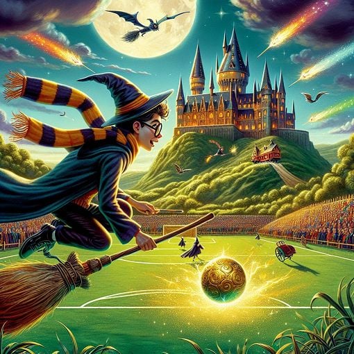 A magical scene depicting a Quidditch match with Harry Potter, Hogwarts in the background, vibrant colors and a mystical atmosphere