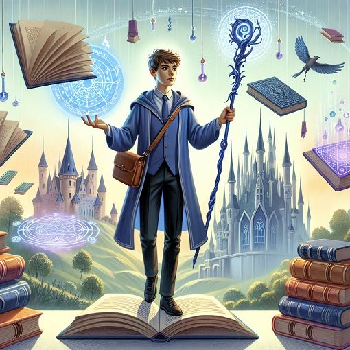 A whimsical illustration of a magical school scene, featuring a young wizard with a wand, floating books, and a castle in the background, inspired by the Harry Potter universe.