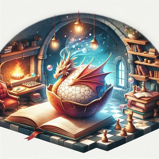 A whimsical illustration of a magical pub with a dragon egg, open books, and chess pieces scattered, capturing the essence of friendship and magic in a fantasy setting.