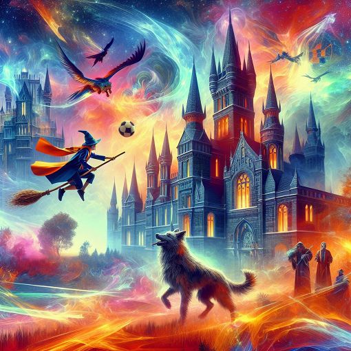 A colorful, whimsical illustration of a Quidditch match taking place in Hogwarts, featuring Harry Potter flying on a broomstick, a three-headed dog watching in the background, and the Hogwarts castle in the distance.