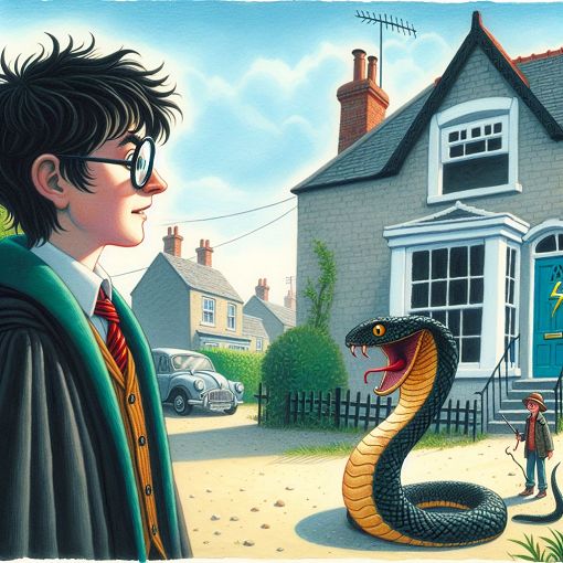 A whimsical illustration of Harry Potter, the Dursleys' home, and a talking snake at the zoo, set in a magical style.