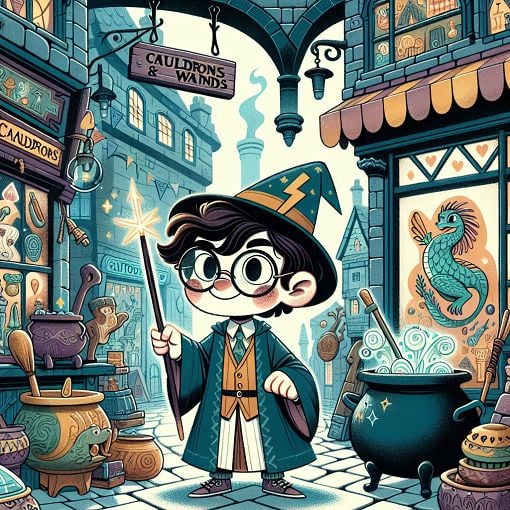 A whimsical illustration of Harry Potter in Diagon Alley, surrounded by magical items like cauldrons, wands, and a dragon in the background, in a vibrant and enchanting style.