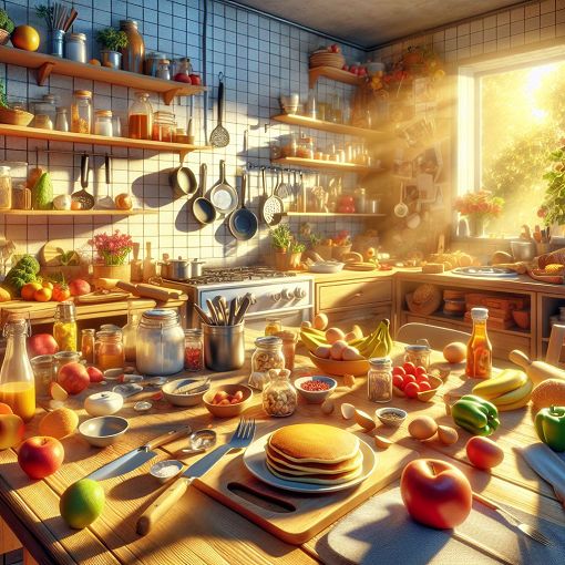 A vibrant and colorful kitchen scene with cooking utensils, ingredients, and delicious looking pancakes on a table, bright and inviting atmosphere