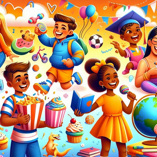 Create a vibrant and whimsical illustration of diverse, cartoon-like characters enjoying different activities, like eating snacks, playing sports, reading books, and interacting joyfully, with a colorful background filled with cupcakes, animals, and academic elements.