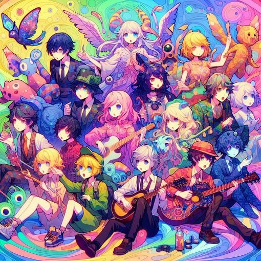 A whimsical illustration of various obscure anime characters in a colorful setting, showcasing unique traits and hobbies, with a mystical, dream-like background.