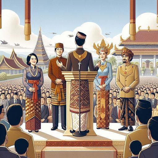 Create an image depicting an official Indonesian ceremony, featuring traditional attire, a podium, and a diverse group of attendees, with a background representing Indonesia's culture and symbols of protocol.