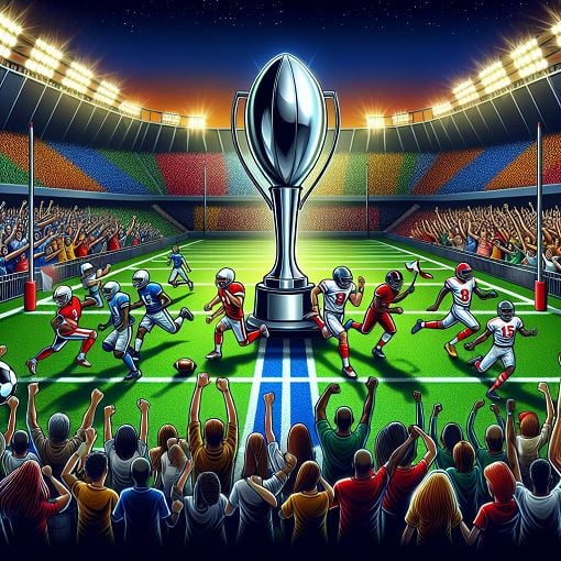 A vibrant and dynamic illustration of a football field with cheering fans, iconic football players in action, and a shiny trophy in the center, capturing the excitement of a football match.