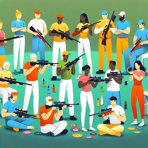 A vibrant and dynamic illustration of diverse shooting styles and personas in a fun, stylized setting, capturing the essence of community and collaboration among shooters.