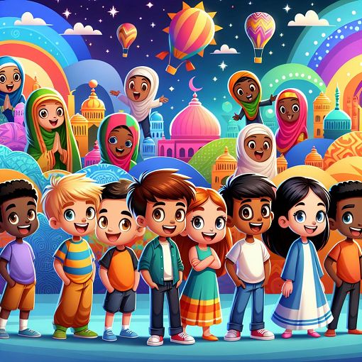 A whimsical and colorful illustration of a family of diverse cartoon children, each representing a unique personality trait, set against a vibrant background that embodies fun and adventure.