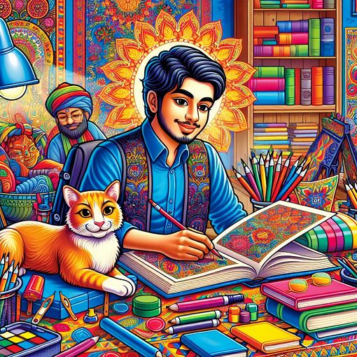 A colorful and engaging illustration of a student sitting at a desk, surrounded by books, pets, and art supplies, in a cheerful classroom setting.