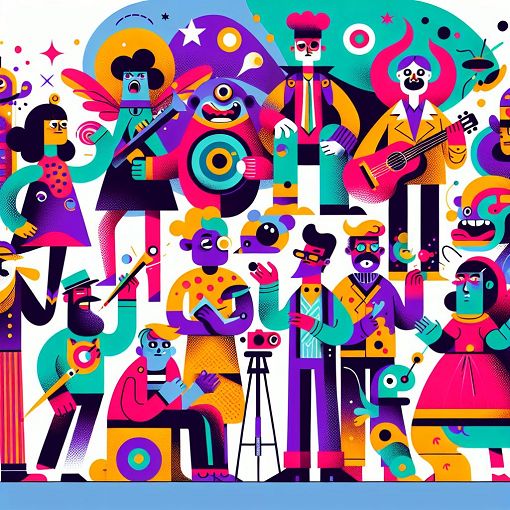 A vibrant and whimsical illustration of various colorful characters reminiscent of a quirky animated series, showcasing a mix of personalities and styles in a fun, lively setting.