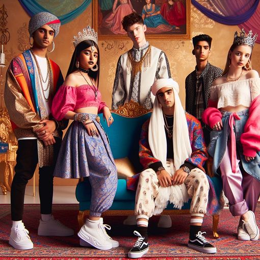 A vibrant illustration of a whimsical royal court featuring diverse young characters in modern attire, embodying different personalities and styles, with a playful and colorful background.