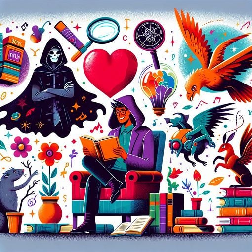 A colorful illustration of various book genres like mystery, romance, science fiction, and fantasy, arranged around a happy person reading a book on a comfy chair, with whimsical elements like floating books and cute animals.