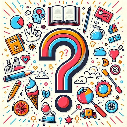 A colorful, playful illustration featuring a question mark surrounded by different icons representing interests, such as a book, ice cream, favorite colors, and personal milestones, in a vibrant, cartoonish style.