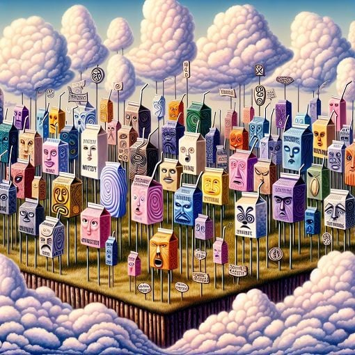 Create a surreal image depicting a whimsical landscape filled with milk cartons, quirky characters representing different personalities, and mysterious symbols, evoking a sense of curiosity and fun.