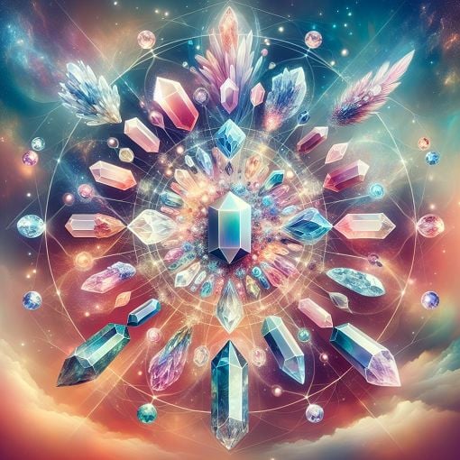 Create a vibrant and mystical image of various crystals in different shapes and colors, set against a serene and peaceful background, evoking feelings of healing and energy.