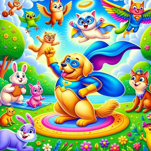 A whimsical cartoon-style illustration featuring a playful dog character, a superhero cat, and a colorful group of quirky, lovable animals in a lively park setting