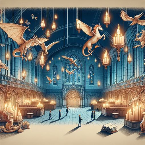 A whimsical illustration of a magical school with floating candles, a grand castle, and a variety of magical creatures, inspired by the Harry Potter series.