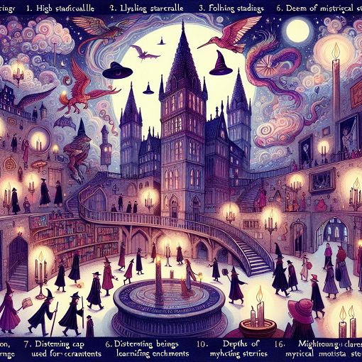 A whimsical illustration of a wizarding school with magical creatures, colorful characters, and a sorting hat, capturing the essence of the Harry Potter universe.