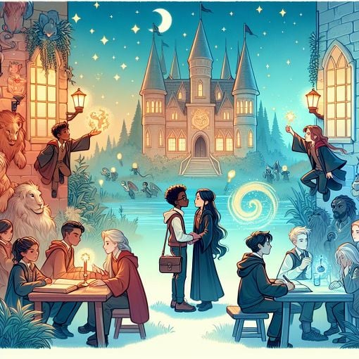 An artistic illustration of a Hogwarts setting with Gryffindor elements, featuring Hogwarts students interacting in a magical environment, with a whimsical touch of romance and adventure.