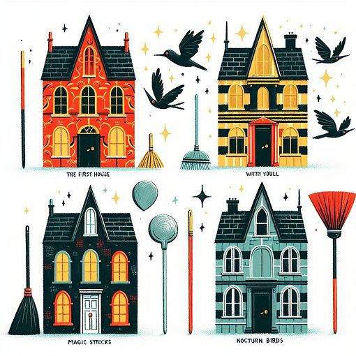 A whimsical illustration of the four Hogwarts houses (Gryffindor, Hufflepuff, Ravenclaw, Slytherin) represented by their house colors, with magical elements such as wands, owls, and broomsticks.