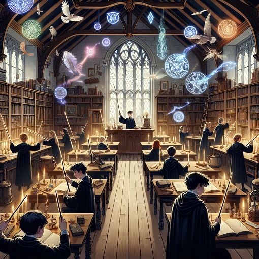 A whimsical illustration of a Hogwarts classroom filled with magical objects, books, and spells in the air, featuring students practicing their wands.